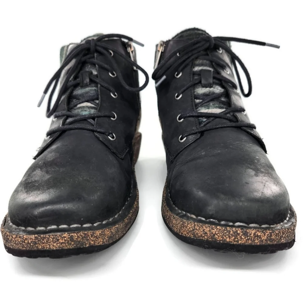 Aetrex Jolie Black Leather Black & Grey Sweater Lace-Up Round-Toe Ankle Boots